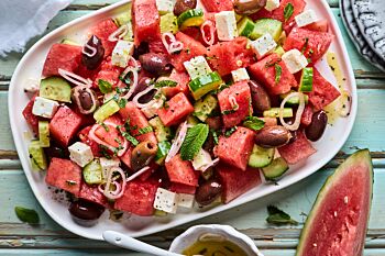 Platter of Fresh Watermelon Salad with Feta, Olives & Mint