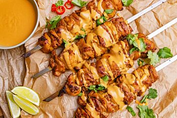 Grilled Satay Style Chicken Thigh Skewers with Light Malaysian Curry Sauce and Rice 