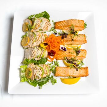 Grilled Chicken Skinny Caesar & Avocado & Roasted Salmon Platter