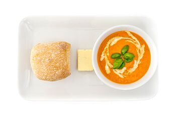 Roasted Mediterranean Vegetable Soup with Fresh Bread Rolls