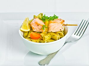 Roasted Skewers of Wild Salmon with Penne Pasta